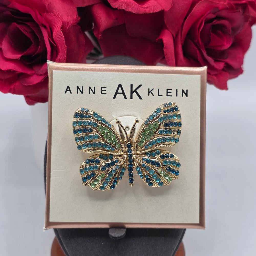 Anne Klein Butterfly Brooch Blue Green Crystal Gold Tone Statement Pin Glamour